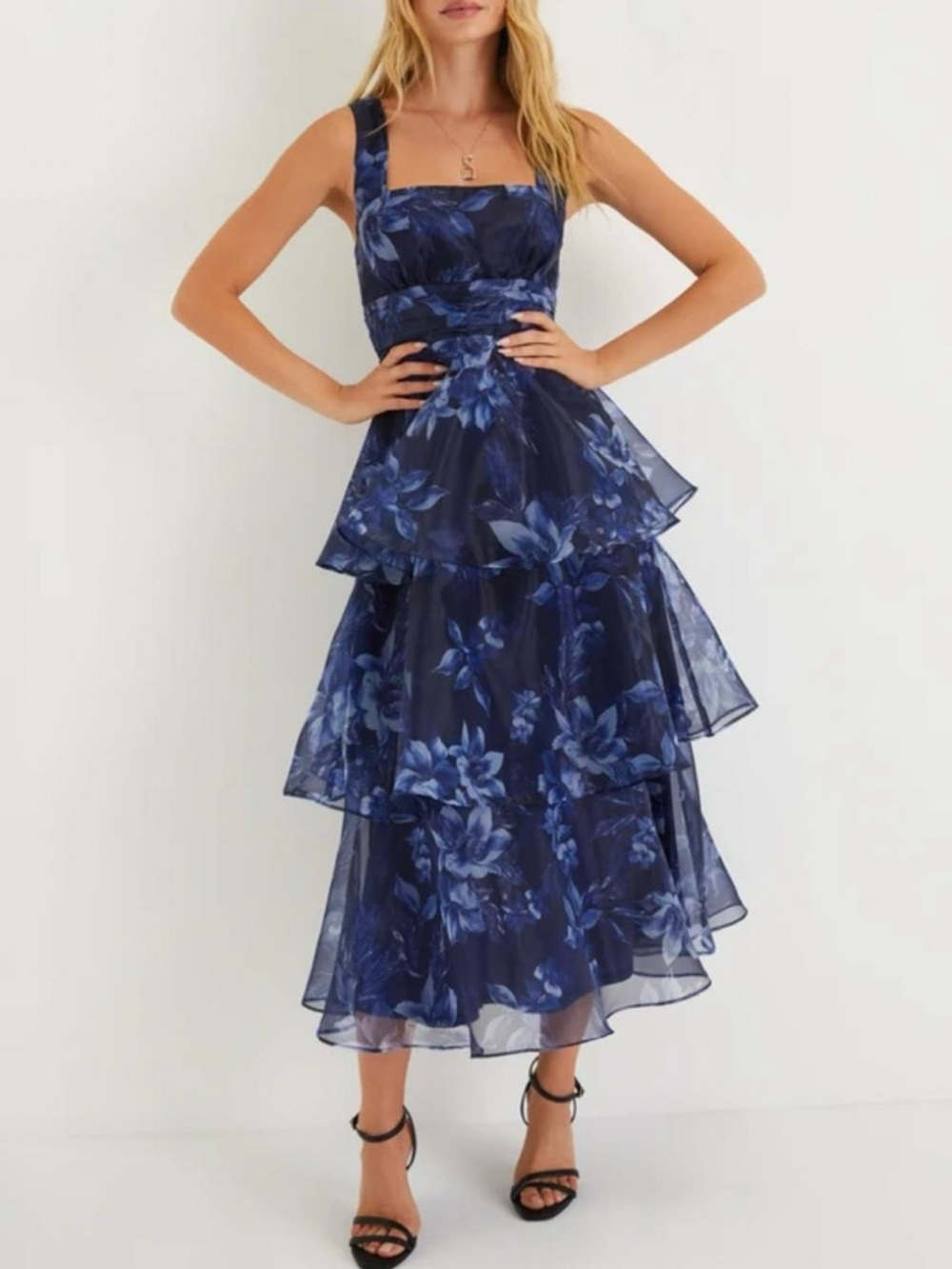 NWT Lulus Dramatic Glamour Navy Blue Floral Organza Tiered Midi Dress